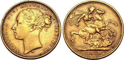 1880 M Gold Sovereign St George; Long tail Very fine, cleaned