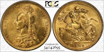 1888 S Gold Sovereign Second Legend PCGS MS62+