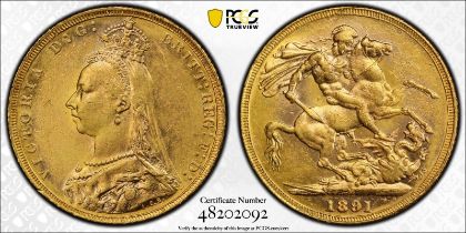 1891 M Gold Sovereign Short Tail PCGS AU58