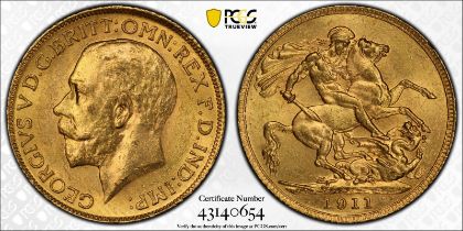 1911 Gold Sovereign PCGS MS63+ #43140654 (AGW=0.2355 oz.)