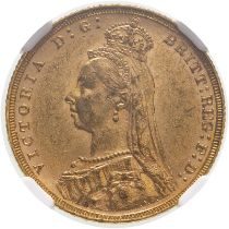 1890 M Gold Sovereign Second Legend NGC AU 58