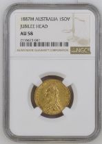 1887 M Gold Sovereign First Legend. Angled J NGC AU 58