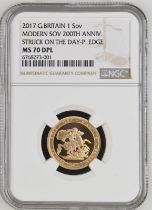2017 Gold Sovereign 200th Anniversary Struck on the Day Proof Plain Edge NGC MS 70 DPL