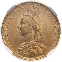 1891 M Gold Sovereign Long Tail NGC AU 58