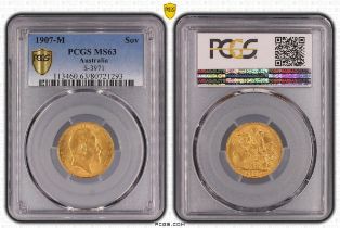 1907 M Gold Sovereign PCGS MS63