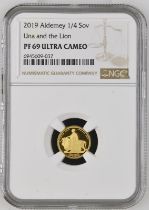 Alderney 2019 Gold 1/4 Sovereign Una and the Lion Proof NGC PF 69 ULTRA CAMEO