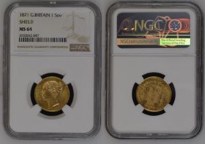 1871 Gold Sovereign Shield NGC MS 64