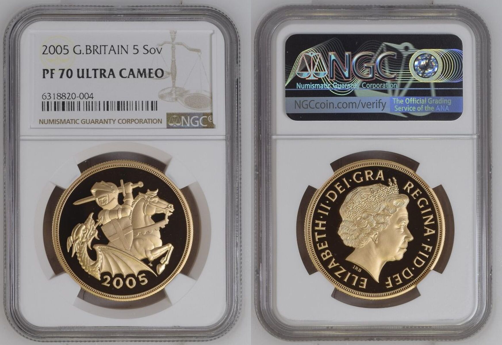 2005 Gold 5 Pounds (5 Sovereigns) Reworked St. George Proof NGC PF 70 ULTRA CAMEO