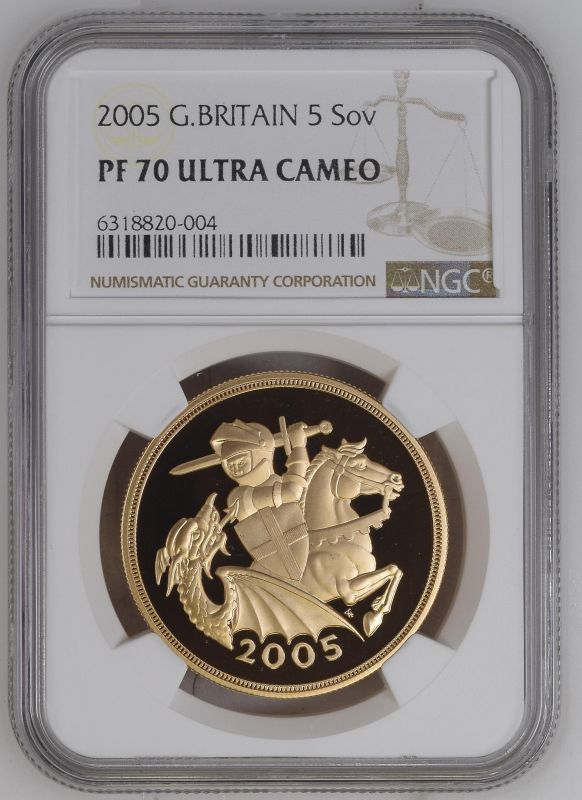 2005 Gold 5 Pounds (5 Sovereigns) Reworked St. George Proof NGC PF 70 ULTRA CAMEO - Image 2 of 3