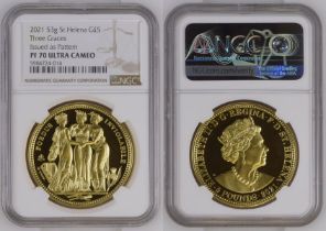 St. Helena 2021 Gold 5 Pounds (Crown) The Three Graces Pattern Proof NGC PF 70 ULTRA CAMEO