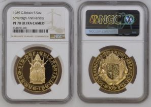 1989 Gold 5 Pounds (5 Sovereigns) 500th Anniversary Proof NGC PF 70 ULTRA CAMEO