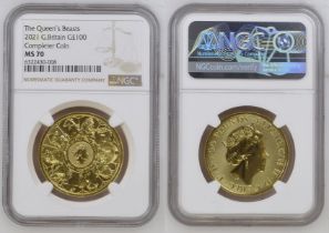 2021 Gold 100 Pounds (1 oz.) The Queen's Beasts NGC MS 70