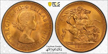 1957 Gold Sovereign PCGS MS65