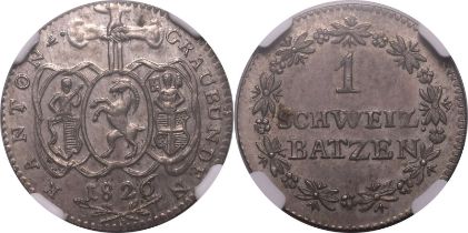 Switzerland: Canton of the Grisons / Graubünden 1826 B Billon 1 Batzen NGC MS 63