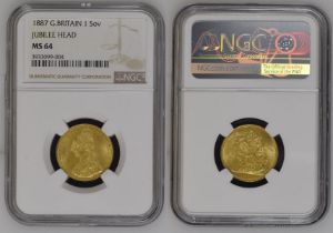 1887 Gold Sovereign Angled J NGC MS 64