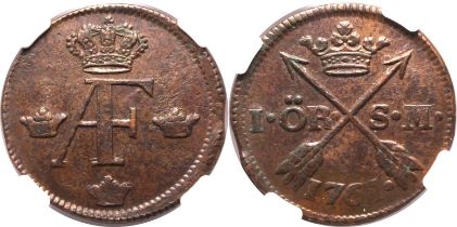 Sweden Adolf Fredrik 1761 Copper 1 Öre Silvermynt Single Finest NGC MS 61 BN