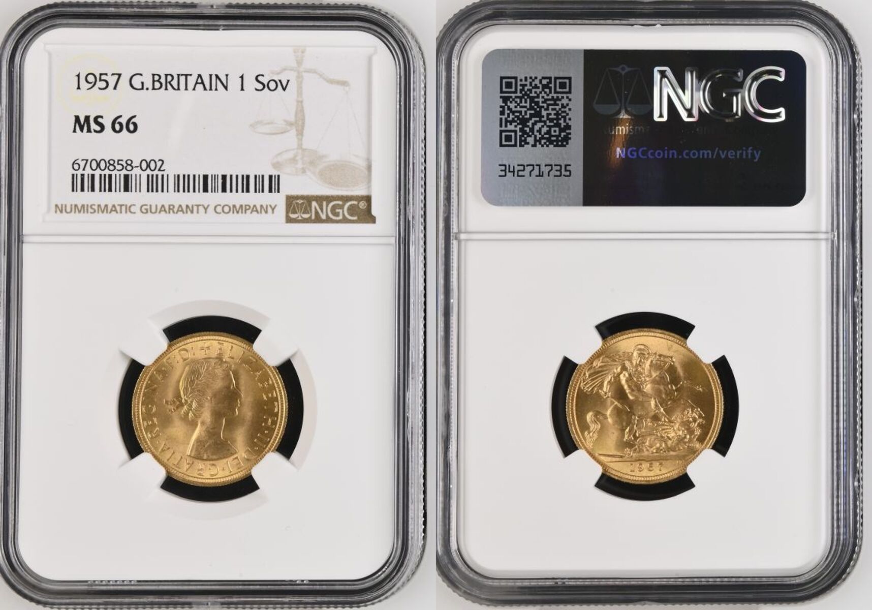 1957 Gold Sovereign Equal-finest NGC MS 66