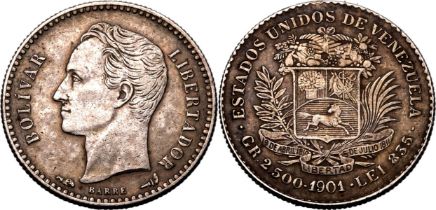 Venezuela: United States 1901 SIlver (.835) ½ Bolívar Good Very Fine