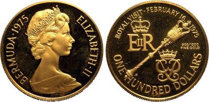 Bermuda Elizabeth II 1975 Gold 100 Dollars Royal Visit Proof Box & COA