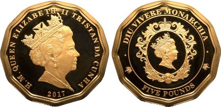 Tristan da Cunha Elizabeth II 2017 Gold 5 Pounds (5 Sovereigns) Diu Vivere Monarchia Twelve-Sided Pr