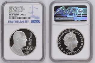 2021 Silver 5 Pounds HRH The Prince Philip, Duke of Edinburgh 2021 Proof NGC PF 70 ULTRA CAMEO