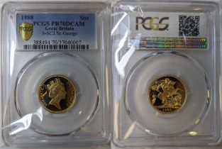 1988 Gold Sovereign Proof PCGS PR70 DCAM Box & COA