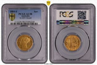 1884 S Gold Sovereign Shield PCGS AU58