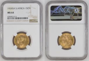 1928 SA Gold Sovereign NGC MS 64