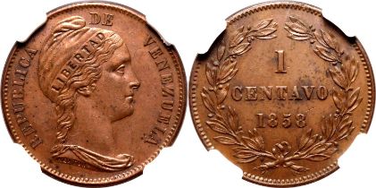 Venezuela: Republic 1858 Copper 1 Centavo NGC MS 62 BN