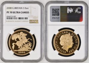 2008 Gold 5 Pounds (5 Sovereigns) Proof NGC PF 70 ULTRA CAMEO Box & COA