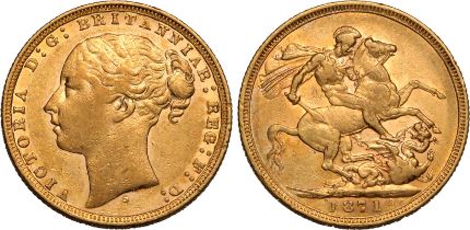 Australia Victoria 1871 S Gold Sovereign St George; Short Tail. Large B.P.