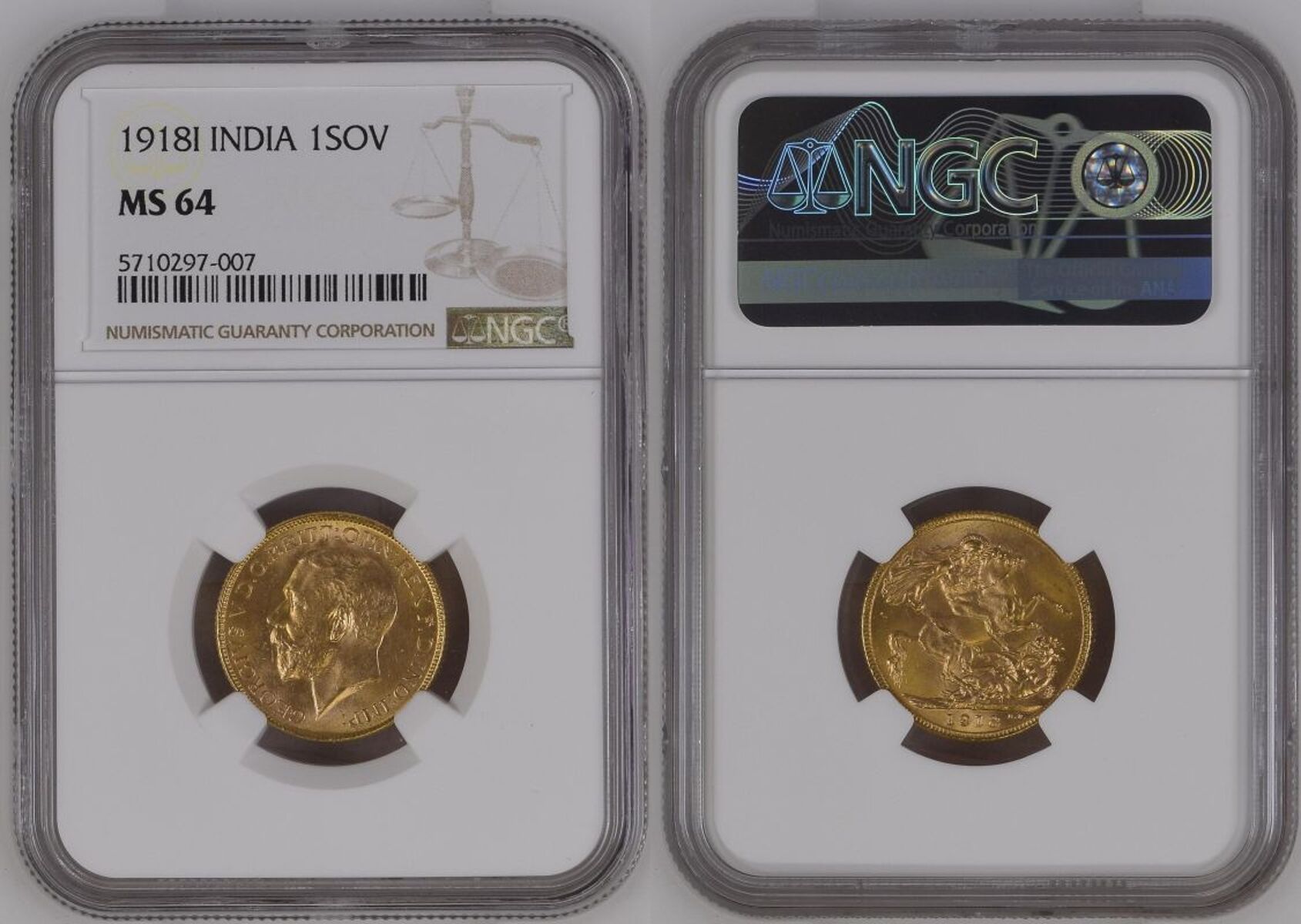 1918 I Gold Sovereign NGC MS 64