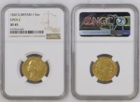 1842 Gold Sovereign Open 2 NGC XF 45