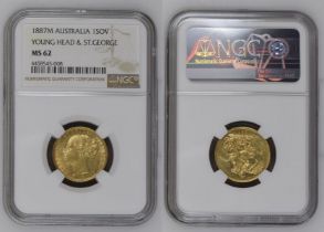 1887 M Gold Sovereign St George; Small B.P. NGC MS 62