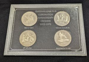1978 Lot of 4 Copper Nickel Queen Coronation Anniversary Crowns 1953-1978, housed in presentation ca