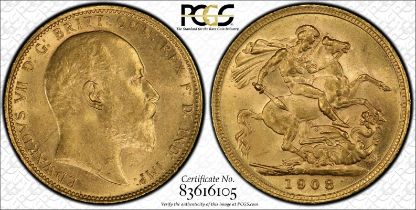 1908 M Gold Sovereign PCGS MS63