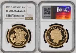 2005 Gold 5 Pounds (5 Sovereigns) Reworked St. George Proof NGC PF 69 ULTRA CAMEO