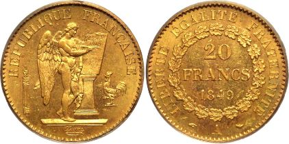 France Second Republic 1849 A Gold 20 Francs Equal-finest PCGS MS64