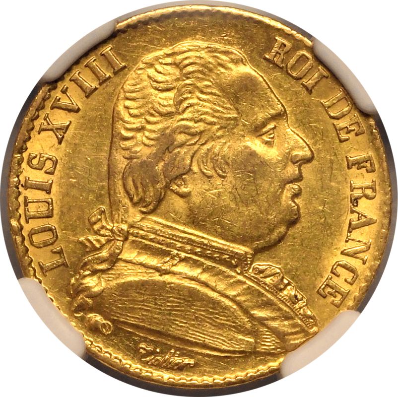 France Louis XVIII 1814 A Gold 20 Francs NGC AU 58 - Image 2 of 7