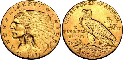 United States: Quarter Eagle Indian Head 1911 Gold 2 1/2 Dollars