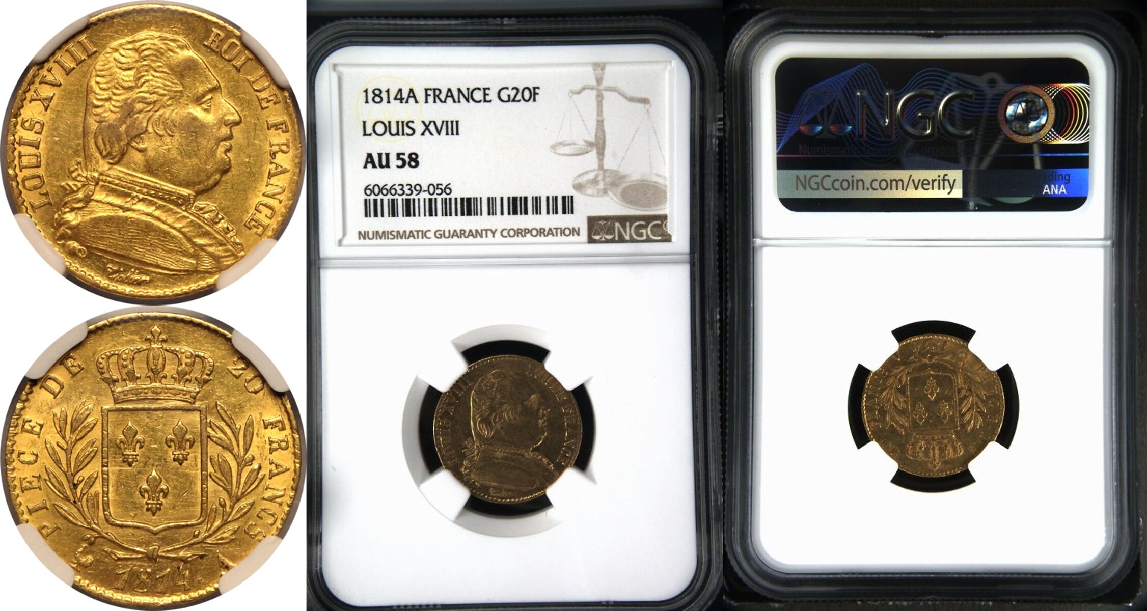 France Louis XVIII 1814 A Gold 20 Francs NGC AU 58 - Image 7 of 7