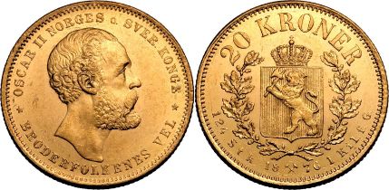 Norway Oscar II 1876 Gold 20 Kroner