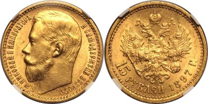 Russia: Empire Nicholas II 1897 Gold 15 Rubles Nikolai II NGC MS 61