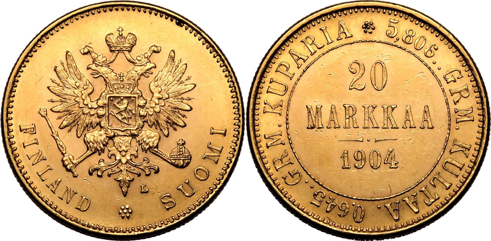 Finland Nicholas II 1904 Gold 20 Markkaa