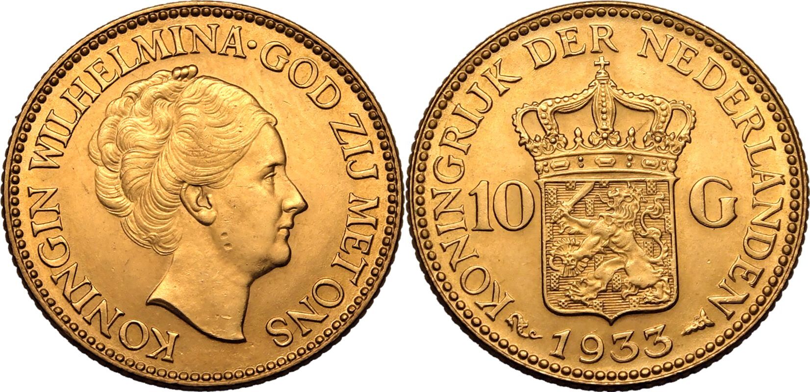 Netherlands 1933 Gold 10 Gulden Wilhelmina