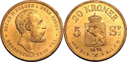 Norway Oscar II 1875 Gold 20 Kroner