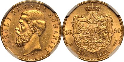 Romania Carol I 1890 Gold 20 Lei NGC AU 58