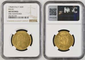 Italy: Milan 1786 M Gold 1 Sovrano (45/6) Joseph II NGC AU Details