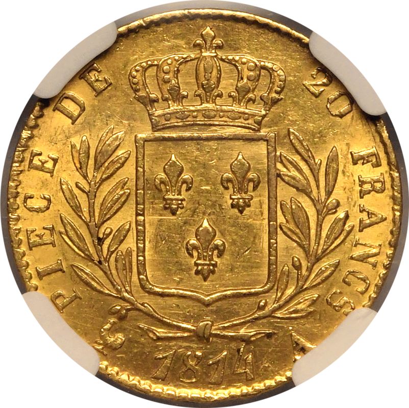 France Louis XVIII 1814 A Gold 20 Francs NGC AU 58 - Image 3 of 7
