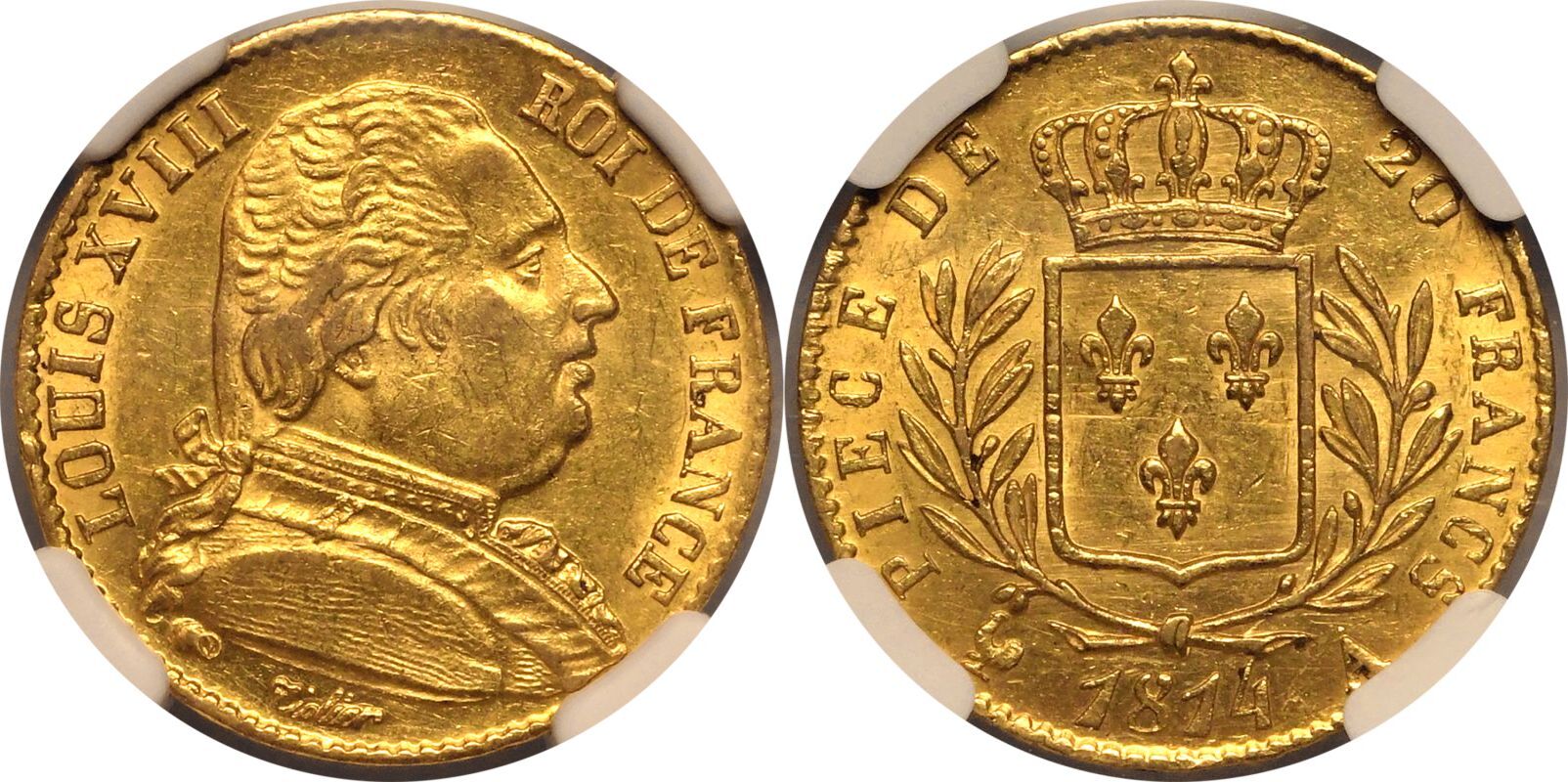 France Louis XVIII 1814 A Gold 20 Francs NGC AU 58